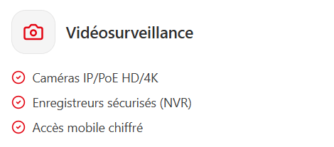 Vidéosurveillance
caméras IP PoE HD 4K
Enregistreurs sécurisés NVR
Accès mobile chiffré